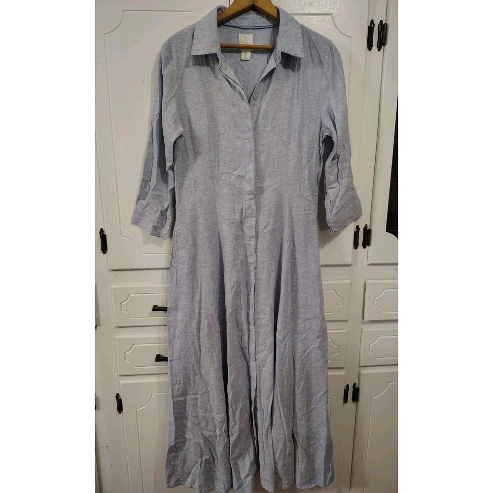 Joie Button Up Shirt Dress Womens Small Blue Linen 3/4 Sleeve Knee Length